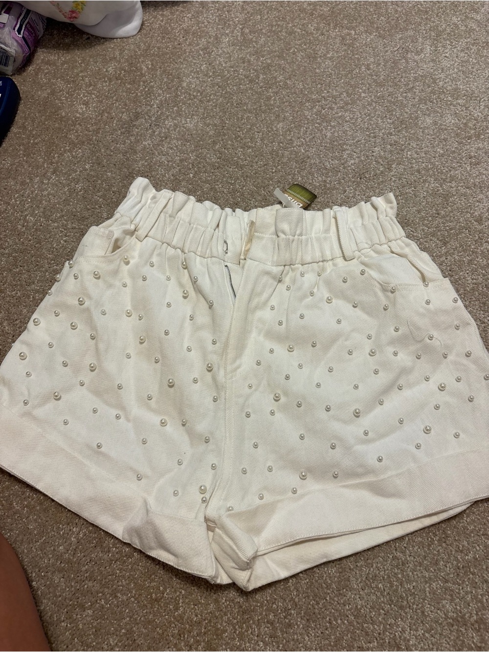 Bliss Cream High-Waist Pearl-Studded Women’s Shorts